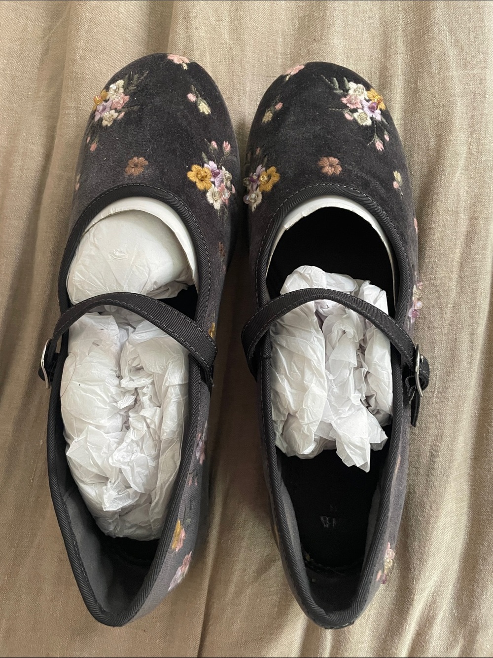 Zara gray floral Mary Jane Shoes with Pink & Yellow Embroidery